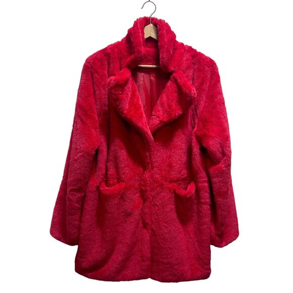 Chic Cherry Red Faux Fur Coat Jacket XL Lined Pockets Streetwear Hawaii Kidcore - Picture 2 of 8
